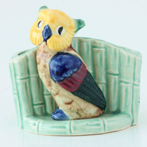 Vintage Owl Planter Vase Colorful Green Faux Bamboo Box Design Wales China Japan